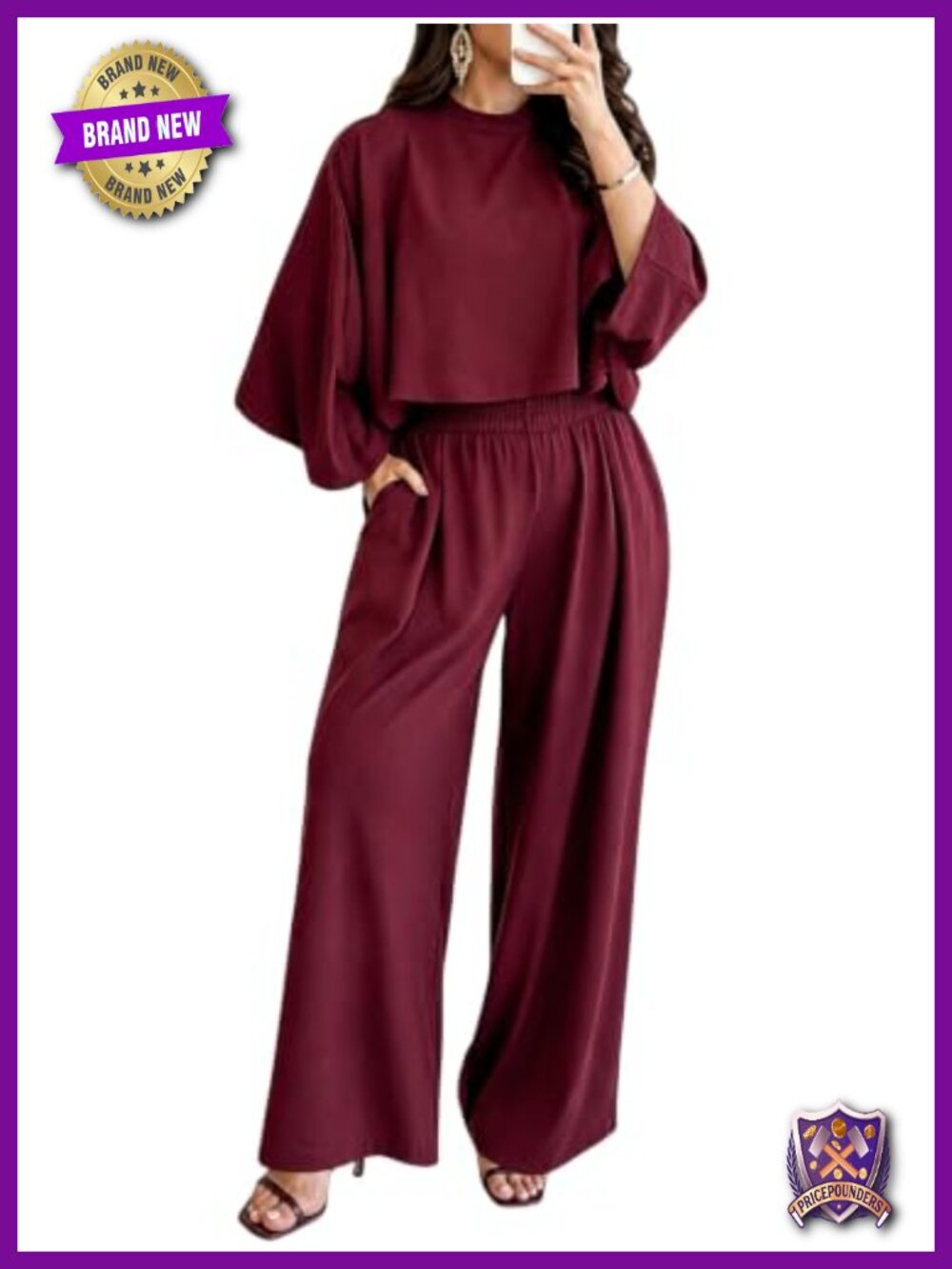 Women's 2 Piece Batwing Crop Top Wide Leg Lounge Set With Pockets